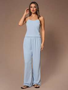 Lazeform 3 Pieces Lounge Set: Lake Blue Knit High Elasticity Crinkle Fabric Women's Camisole Top, Long Sleeve Top, And Pants, Casual, Winter Clothes