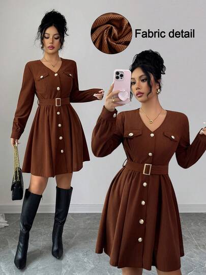 Elenzga Women's Elegant Vintage Corduroy V-Neck Metal Button Decor Long Sleeve Textured Waist A-Line Short Dress, Autumn/Winter