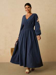 Travachic Váy chữ A tay dài màu xanh navy cỡ lớn cho nữ, váy thêu hoa, váy cotton pha trộn thời trang thu/đông - Màu xanh hải quân - Xem 6