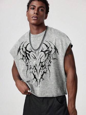 Men's Gothic Print Crew Neck Sleeveless Cropped Tank Top