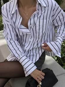 INAWLY Women's Striped Drop Shoulder Long Sleeve Single-Breasted Casual Pocket Shirt - Black and White - View 1