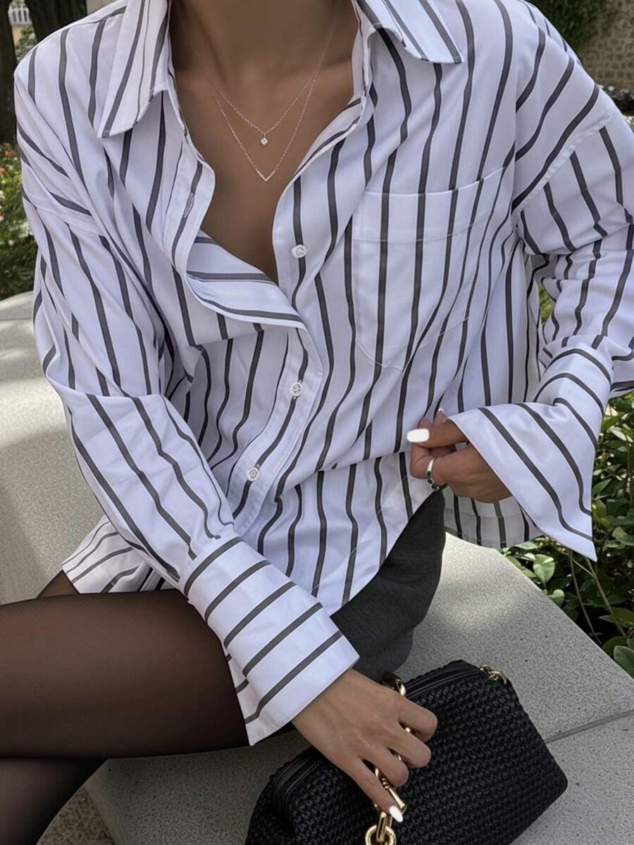 INAWLY Women's Striped Drop Shoulder Long Sleeve Single-Breasted Casual Pocket Shirt - Black and White - View 1