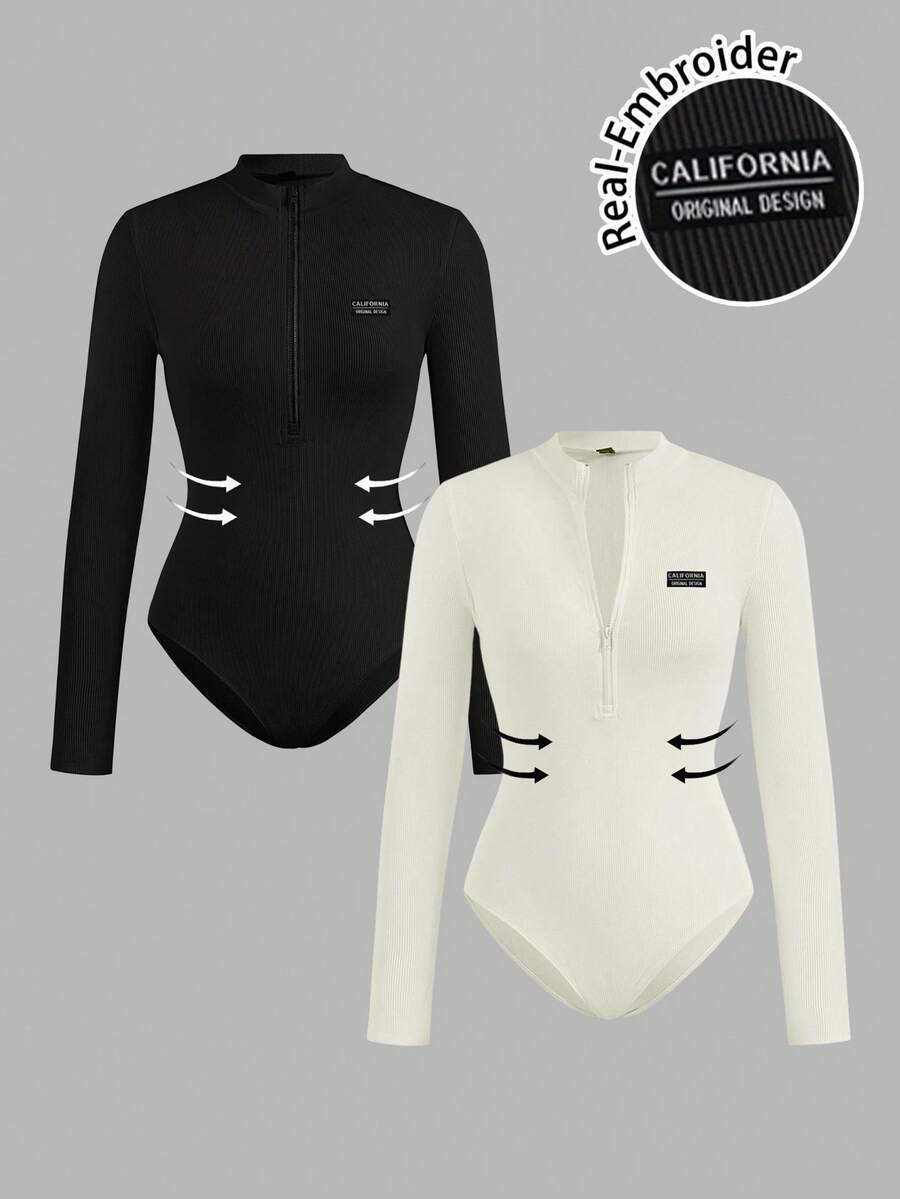 SHEIN EZwear 2 件女士休闲简约风格真刺绣字母徽章拉链高领紧身连体衣,百搭服装,适合秋冬季,机场搭配 - 黑與白 - 查看 1