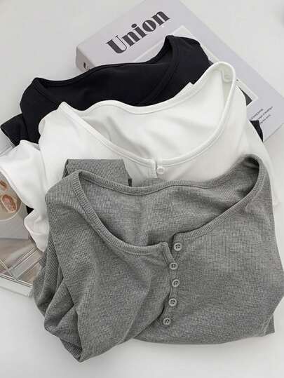 INAWLY 女士纯色纽扣装饰休闲圆领长袖T恤