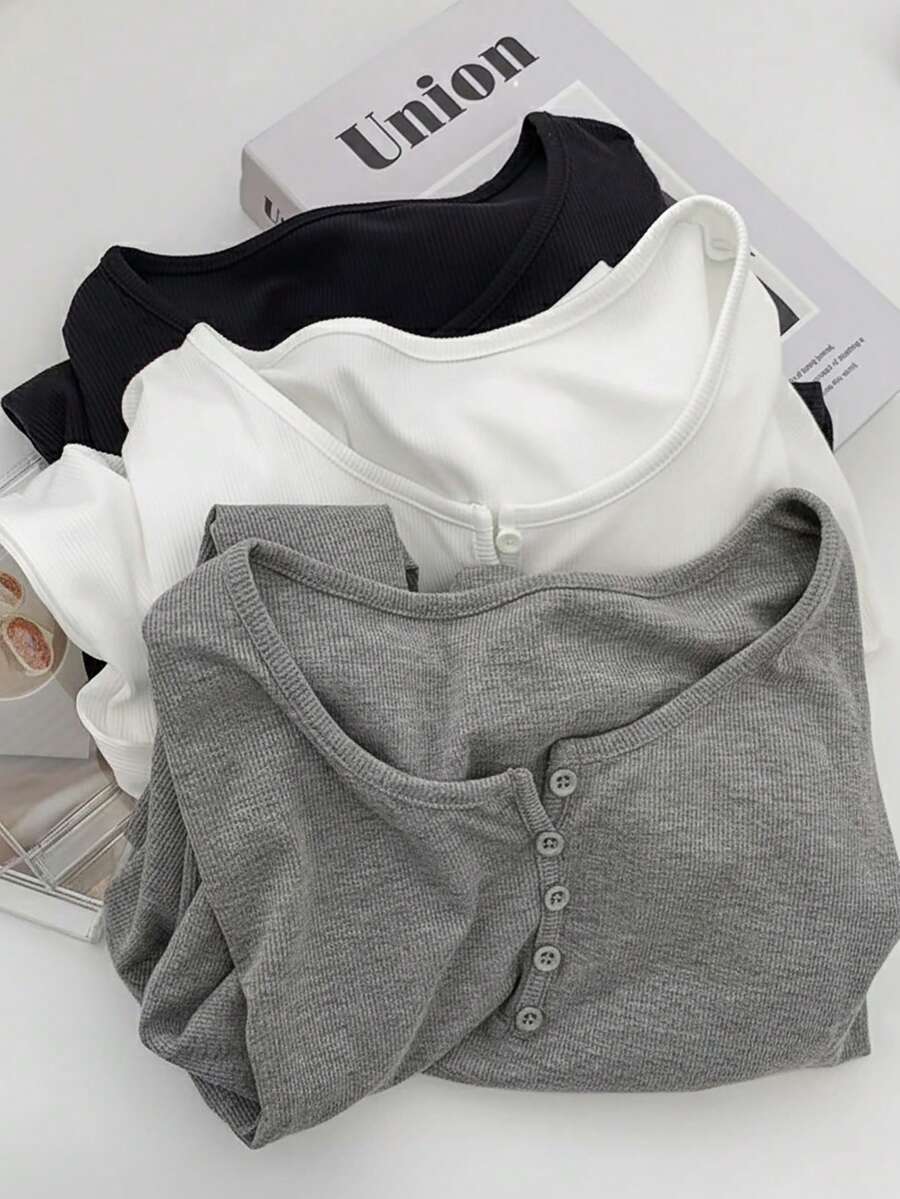 INAWLY 女士纯色纽扣装饰休闲圆领长袖T恤 - 彩色 - 查看 1