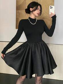 DAZY Robe mini élégante plissée à col montant et manches longues, couleur unie pour femmes - Noir - Voir 7