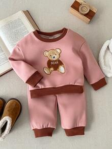 Blossori Conjunto de sudadera y pantalones de niña bebé con cuello redondo, manga larga y bordado elegante estilo francés - Rosa - Ver 4