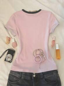 INAWLY Women's Casual Fashion Street Daily Commute Letter Print Contrast Round Neck Fitted Short Sleeve T-Shirt, Summer - Multicolor - View 2