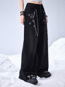 ROMWE EDITION Kpop Punk Street Chic Chain Decor Wide Leg Pants - Black - View 4
