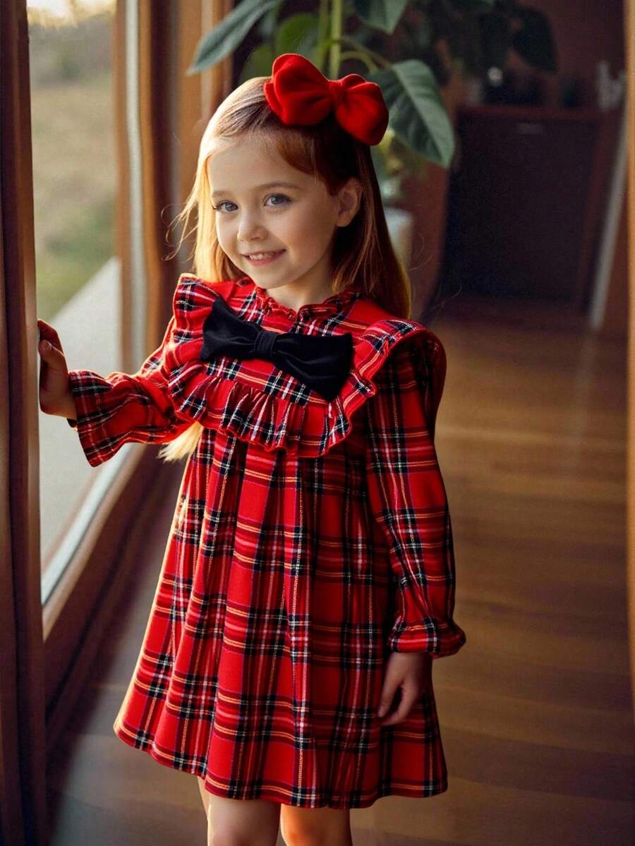 SHEIN Emery Rose Kids 年轻女孩格子印花荷叶边蝴蝶结前开襟连衣裙，适合圣诞节、长袖修身优雅休闲连衣裙、感恩节、休闲郊游 - 紅色 - 查看 1