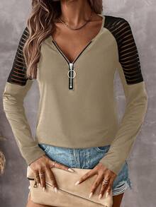 SHEIN LUNE Women's Autumn Splice Shoulder Zip V-Neck Raglan Long Sleeve Casual Knit T-Shirt - Apricot - View 6