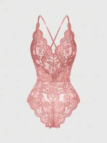 ROMWE Kawaii Romantic Sexy Lace V-Neck Scallop Trim Adjustable Strap Bodysuit - Dusty Pink - View 2