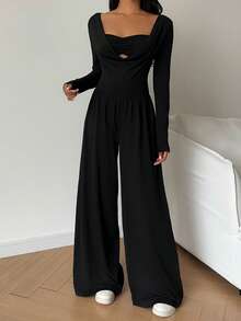 SHEIN MOOSTA 女士休闲两件套深V领长袖连体裤，秋季款 - 黑色 - 查看 6