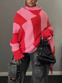 Maweii Áo len chui đầu kẻ caro cổ cao màu đỏ hồng phong cách đường phố dành cho nữ, kỳ nghỉ Giáng sinh, cổ điển, hiện đại, giản dị, tay dài, cổ cao, họa tiết sọc bất đối xứng, cỡ lớn, áo len chui đầu ấm áp, mùa xuân, mùa thu, mùa đông - Nhiều màu - Xem 2