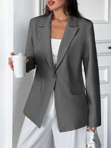EURMUSE Women, Autumn, Jacket, Blazer, Beige, Regular Length, Regular Fit, Jersey Fabric, Slightly Elastic Fabric, Button, Fake Pocket, - Grey - View 5