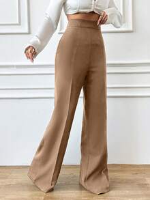 EURMUSE Quần ống đứng lưng cao trơn đơn giản cỡ nhỏ dành cho nữ - Màu be - Xem 4