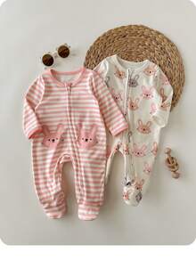 新生女宝宝可爱休闲针织卡通图案条纹长袖连体衣 - 彩色 - 查看 8