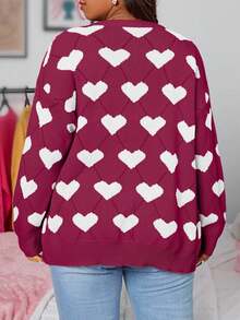 EURMUSE Plus Size Casual Heart Pattern Button-Up Cardigan, Autumn/Winter - Burgundy - View 2