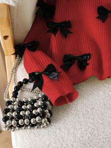 SHEIN Cute Girly Ballet Style Double Bow Cropped Crew Neck Sweater, Adorable Chunky Knit Pullover In Gray