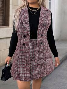 SHEIN LUNE Plus Size Plaid Collar Double-Breasted Coat And Skirt Set - Red - View 3