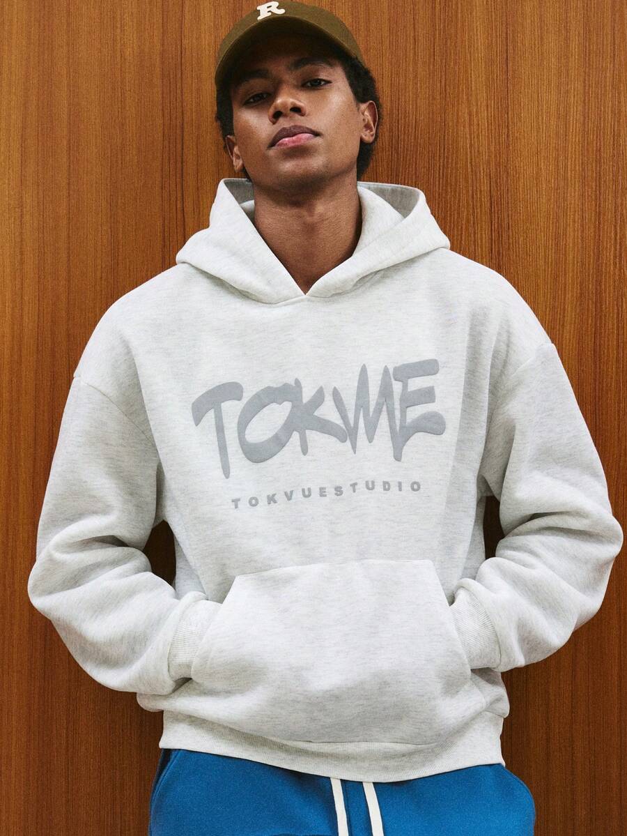 TOKVUE 男士字母印花长袖口袋休闲连帽衫 - 淺灰色 - 查看 1
