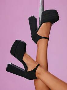 CUCCOO LuxiPop Women's Thick Sole Buckle Design Fashionable High Heel Shoes, Versatile For Daily Wear, Christmas, Thanksgiving, New Year Party, Nightclub Outfit - Black - View 3