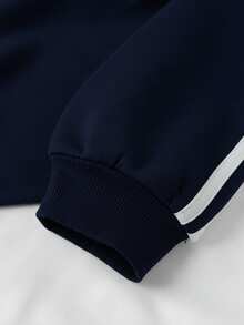 SHEIN Áo nỉ in họa tiết tiếng Anh cổ bẻ, tay lửng, màu xanh lam cho bé gái tuổi teen, thường ngày, trở lại trường, trang phục tối giản mặc hàng ngày vào mùa thu/đông - Màu xanh hải quân - Xem 6