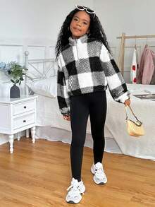 SHEIN Tween Girl Casual Reversible Plaid Fleece Funnel Neck Half-Zip Sweatshirt - Black and White - View 6