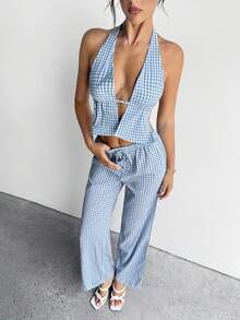 Aloruh Bộ 2 món áo ba lỗ kẻ caro xanh kẻ caro thắt nơ + quần dài maxi kẻ caro cạp thấp phong cách trẻ trung, năng động dành cho nữ - Màu xanh nhạt - Xem 6