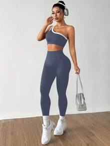 Dewbera Bộ đồ thể thao nữ liền mạch nâng mông một bên vai tập yoga co giãn cao - Xám - Xem 7