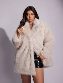 Allurite 大码女式冬季中长款仿皮草大衣 - 淺灰色 - 查看 3