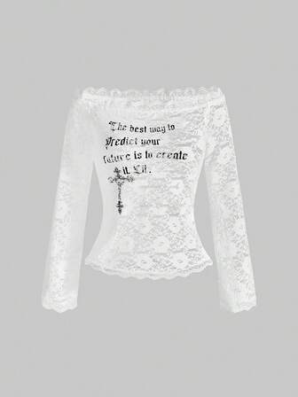 Grunge Punk بلوزة نسائية كشكشة بطبعة حرف وصليب على الكتف غير متماثل بطراز Y2K الجذاب