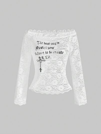 Grunge Punk بلوزة نسائية كشكشة بطبعة حرف وصليب على الكتف غير متماثل بطراز Y2K الجذاب