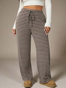 Auralis White Sequence,Autumn,Smart Casual,Everyday Retro Plus Size Brown Striped Straight Leg Pants,Y2K Drawstring Waist Soft Knit Trousers,College Style - Multicolor - View 7