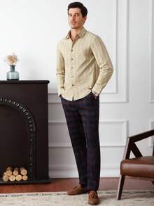 Core Aspect Old Money Style,Vintage Gentleman,Men's New Style Shirt Featuring Multicolor And Contrast Stitching Design, Paired With A Turn-Down Collar And Button Details. Suitable For Urban Casual Commuting And Dating. Men's Linen-Textured Minimalist Casual Long-Sleeve Shirt, Cotton-Blend Shirt, Men's Textured Shirt, Men's Button-Down Shirt. - Apricot - View 3