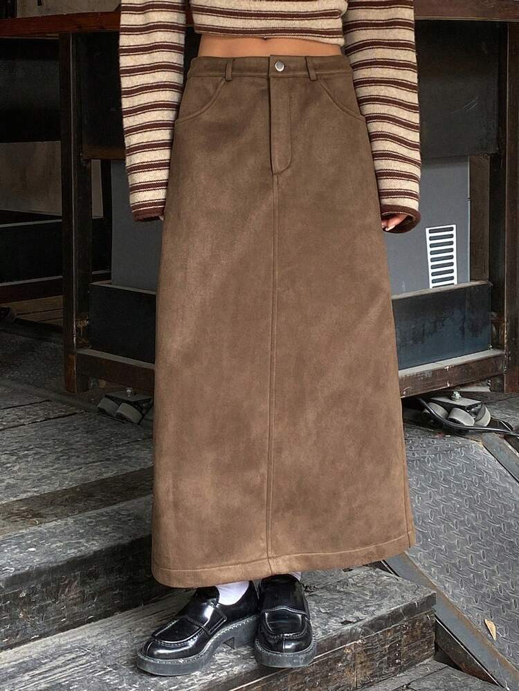 Women's Solid Color Pocket Straight Loose Casual Commuter Skirt