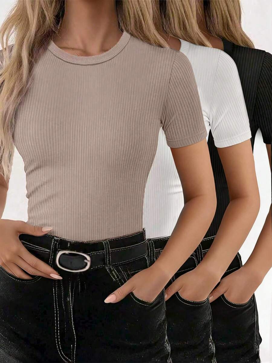 SHEIN 3 件女式纯色圆领短袖休闲修身 T 恤套装 - 彩色 - 查看 1