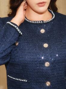 Anewsta Plus Size Women's Autumn Elegant Formal French Classic Retro Tweed Jacket,Round Neck Sequins Tassel Pearl Ribbon Metal Decor Waist Cinched Outerwear - Navy Blue - View 5