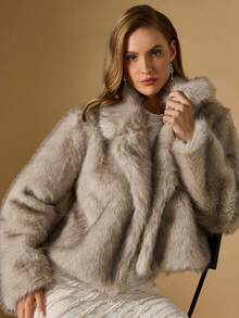 Briarwyn 女士时尚仿毛领夹克，秋冬 - 米色 - 查看 3