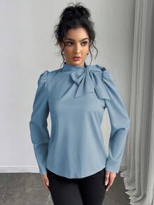 Rafferiza 女士纯色优雅百搭系领泡泡袖衬衫 - 藍色 - 查看 4