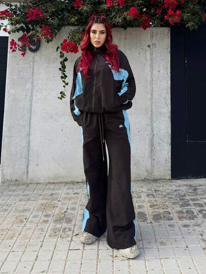 Bearsaez Drawstring Waist Nylon Contrast Panel Wide Leg Tracksuit Bottoms Only Spring Airport, Casual The Book Shop Christmas Fall Autumn Winter
