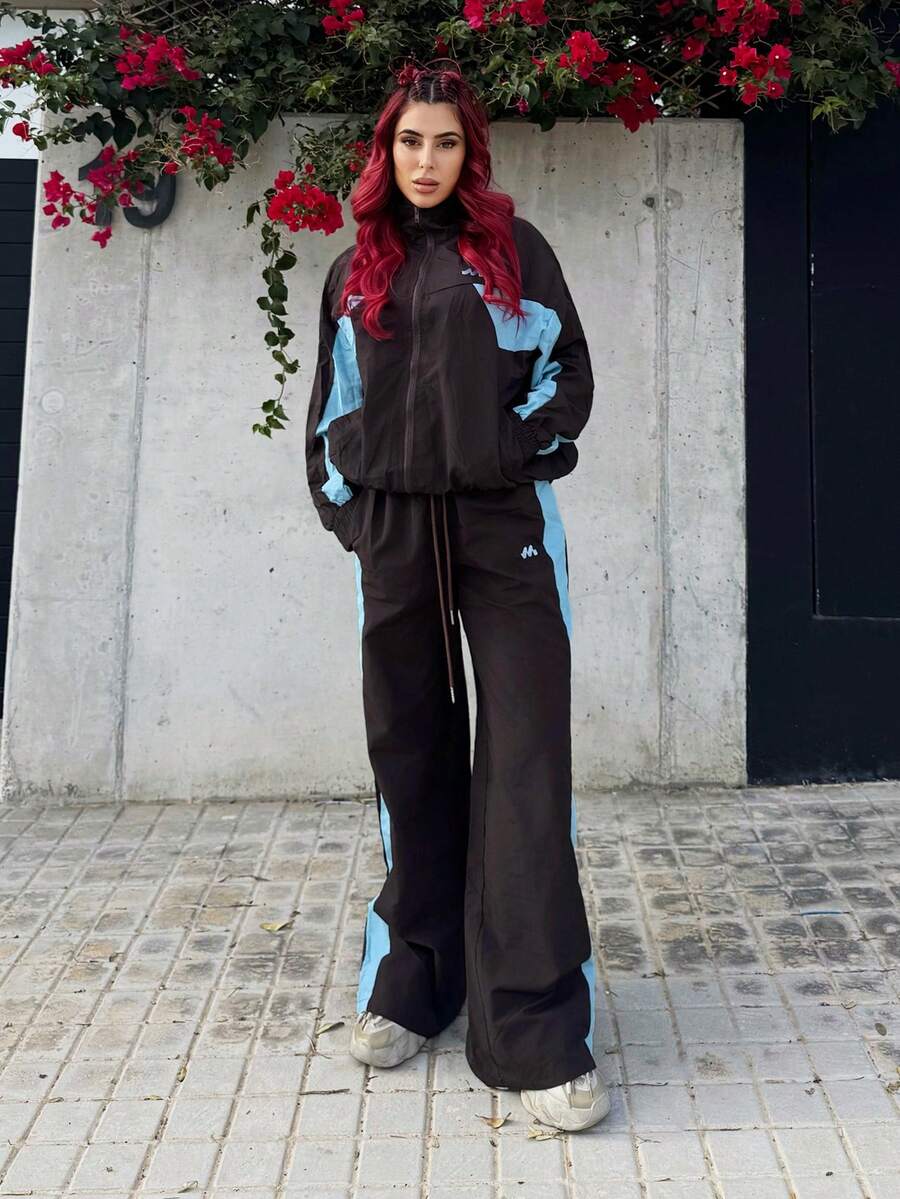 Bearsaez Drawstring Waist Nylon Contrast Panel Wide Leg Tracksuit Bottoms Only Spring Airport, Casual The Book Shop Christmas Fall Autumn Winter - Brown - View 1