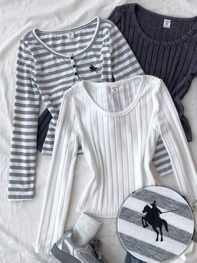 Camiseta de manga larga de punto informal para niñas preadolescentes