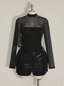 SHEIN ICON Combinaison grande taille en maille noire unie à manches longues, Top transparent avec col montant et manches classiques, combinaison femme style Y2K - Noir - Voir 1