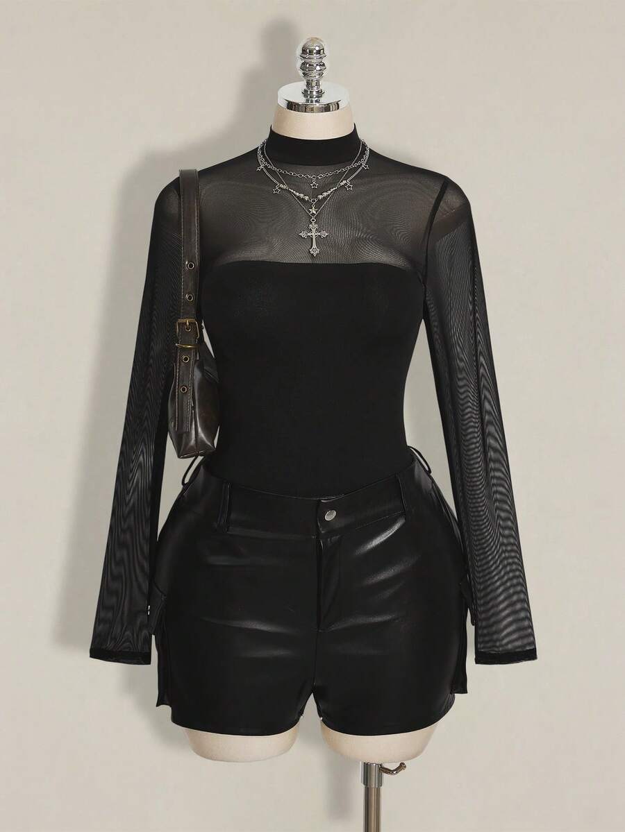 SHEIN ICON Combinaison grande taille en maille noire unie à manches longues, Top transparent avec col montant et manches classiques, combinaison femme style Y2K - Noir - Voir 1