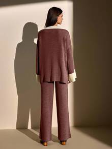 CLARA VERO WOMEN'S Two Pieces RIB KNIT SET – CARAMEL & CREAM COLORBLOCK, FLARED SLEEVE TOP WITH SIDE SLIT AND WIDE-LEG PANTS - Dusty Pink - View 2