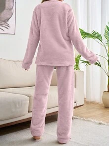 EURMUSE Plus 2pcs Plush Bear Embroidery Detail Homewear PJ Set - Baby Pink - View 2