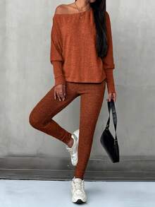 SHEIN LUNE Women's Solid Color Batwing Sleeve Top And Pants Casual 2 Pieces Set - Burnt Orange - View 4