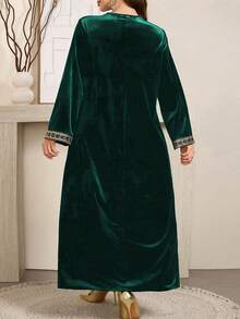 Al Najma Elegant Loose Long Sleeve Dress With Luxurious Ribbon Trim On V-Neck, Velvet Fabric In Olive Green - Dark Green - View 2