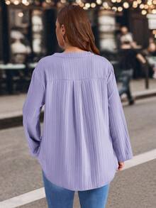 EMERY ROSE Plus Size Solid Color Notched Neck Roll Up Sleeve Casual Blouse ,Winter Clothes V Neck Blouses For Women Purple Blouse Women - Mauve Purple - View 5